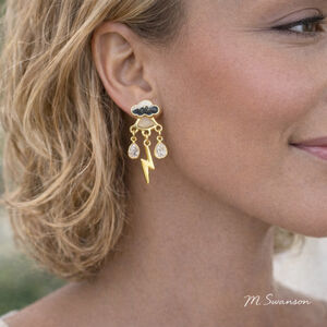 Storm Cloud Gold White Black Lightning Dangle Post Earrings NWT